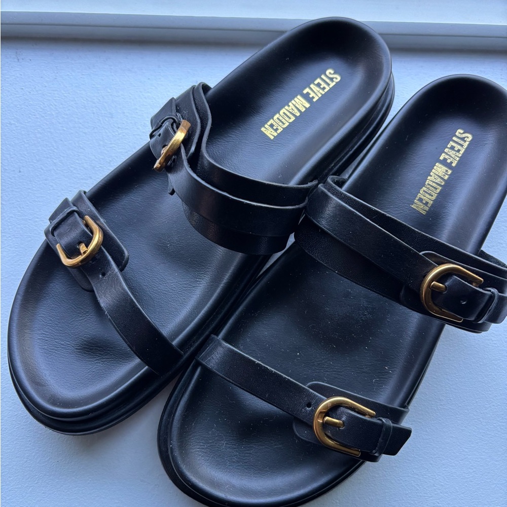 Steve Madden Black Leather Slides with Gold Accent